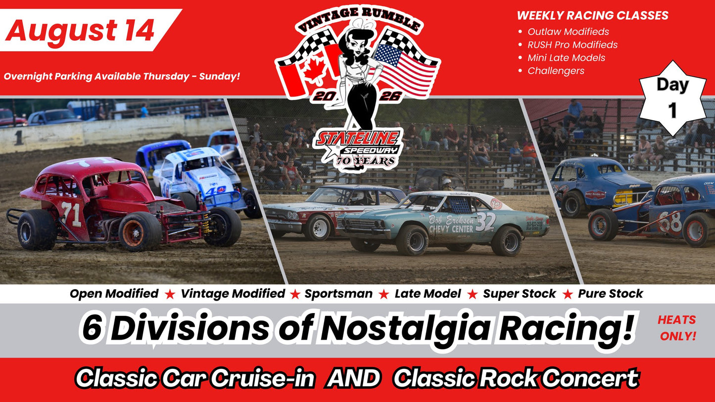 Vintage Rumble Day 1 + Super 7 Racing, Classic Car Cruise In, Classic Rock Concert